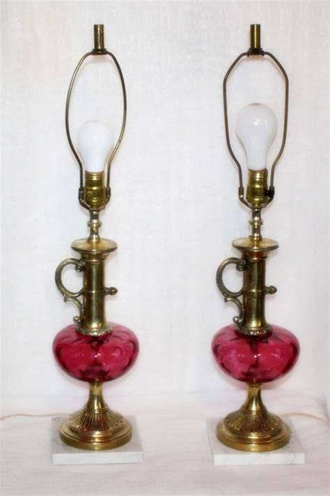 Antique Victorian Pair Solid Brass Lamps Cranberry Glass Art Glass Base Brass Lamp Antique