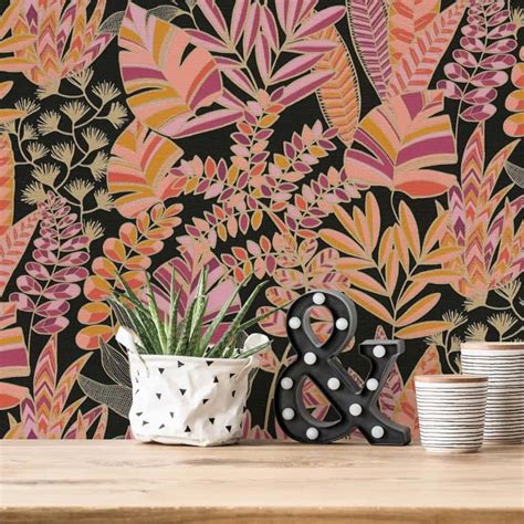 Behang Bladeren Zwart Oranje Roze Jungle Planten Vliesbehang Wall