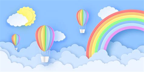 Beautiful Hot Air Balloons Flying Over Fluffy Clouds In The Sky With Sun And Rainbow 21698902