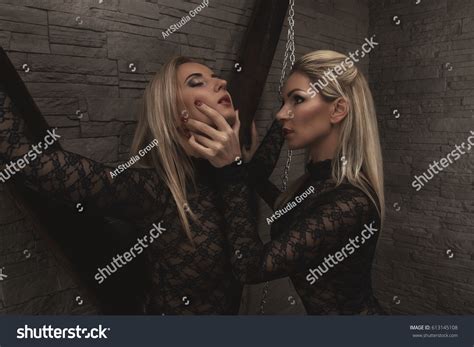 Sexy Lesbian Lovers Foreplay Wall Handcuffs Stock Photo Edit Now 613145108