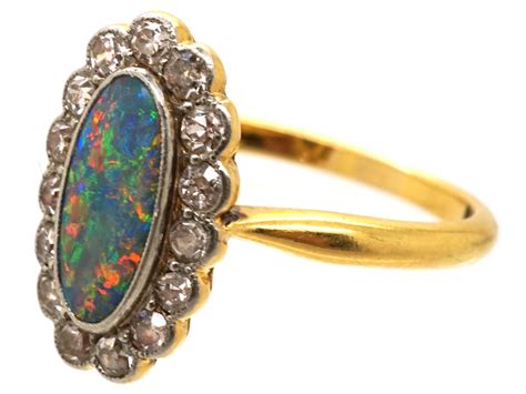 Edwardian Ct Gold Platinum Black Opal Diamond Ring K The