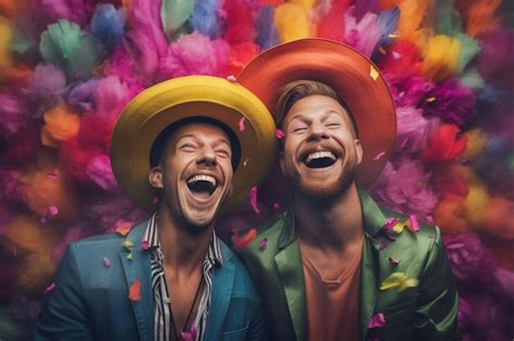 Um Lindo Casal Gay As Cores Da Bandeira Do Arco Ris Posando Para Uma Sess O De Fotos Do M S