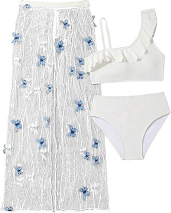 Amazon RoseSeek Girl S 3 Piece High Waisted Bikini Sets Ruffle Cold Shoulder Swimsuit Sheer