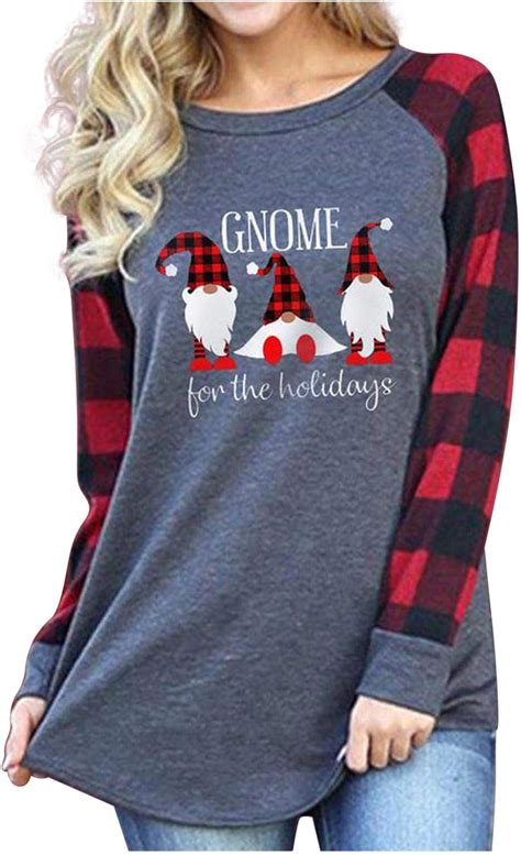 T Shirts For Women Plus Size Christmas T Shirt Long Sleeve Funny Cute Vintage Plaid Ralgan