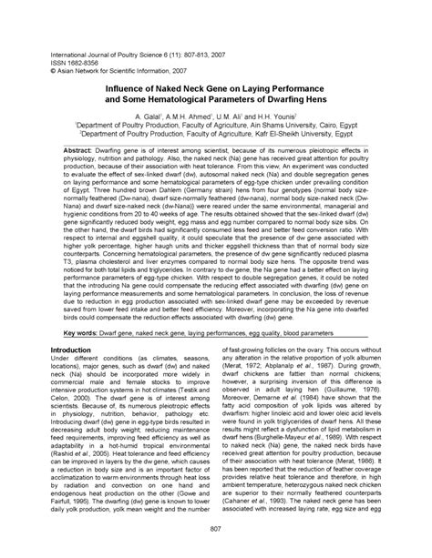 PDF Influence Of Naked Neck Gene On Laying Performance And Some Hematological Parameters Of