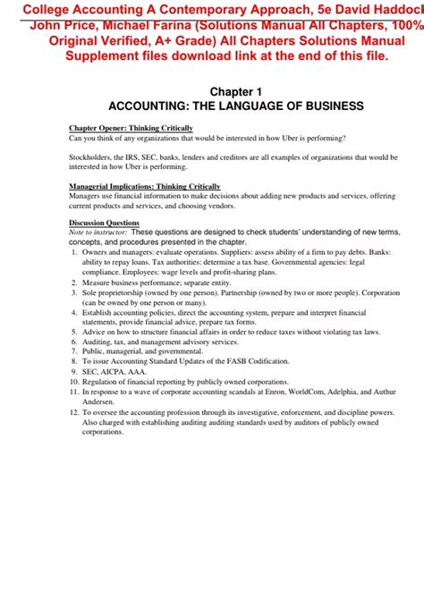 Solutions Manual for College Accounting A Contemporary Approach 5th