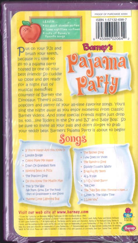 Barney VHS Video Tape-Pajama Party-Songs-New-Sealed