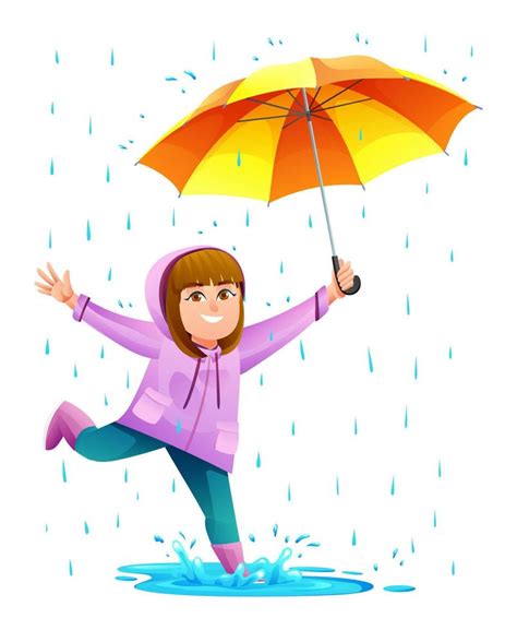 cheerful girl  umbrella playing puddle   rain cartoon