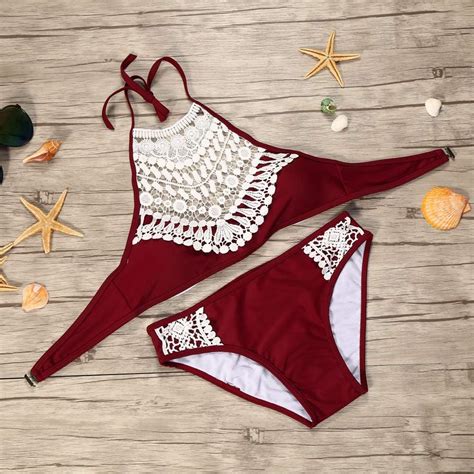 Traje de baño de color liso con sujetador y tanga dividida con encaje de bikini brasileño de 2