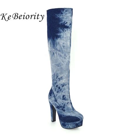 Kebeiority Fashion Blue Denim Boots Women 2017 High Heels Knee High