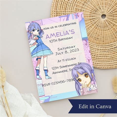 Editable Anime Girl Birthday Invitation Anime Girl Etsy