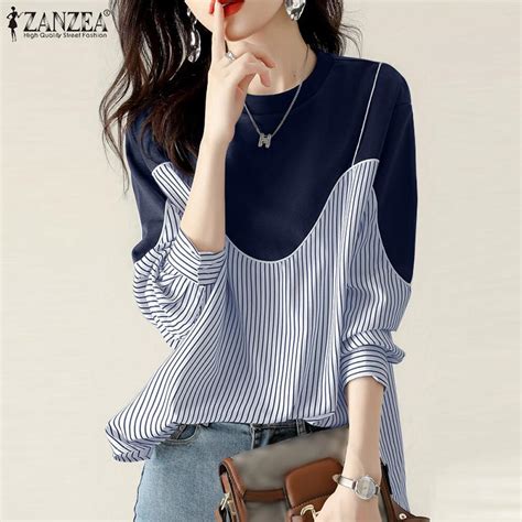 Купить ZANZEA Женская повседневная блузка с круглым вырезом и длинным ...