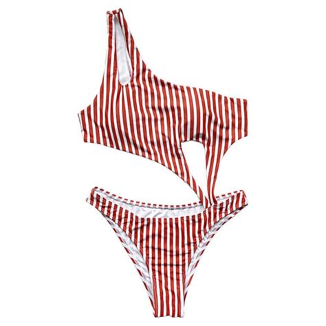 One Piece Sexy Women Bikini Swimsuit Padded Hollow Out Striped One Shoulder Swimming Suit