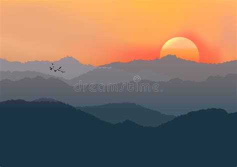 Graphics Drawing Landscape View Outdoor Sunset with Mountain Vector ...