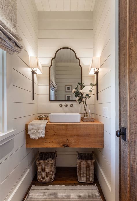 Shiplap Powder Bathroom With Rustic Vanity Vessel Sink And Shiplap