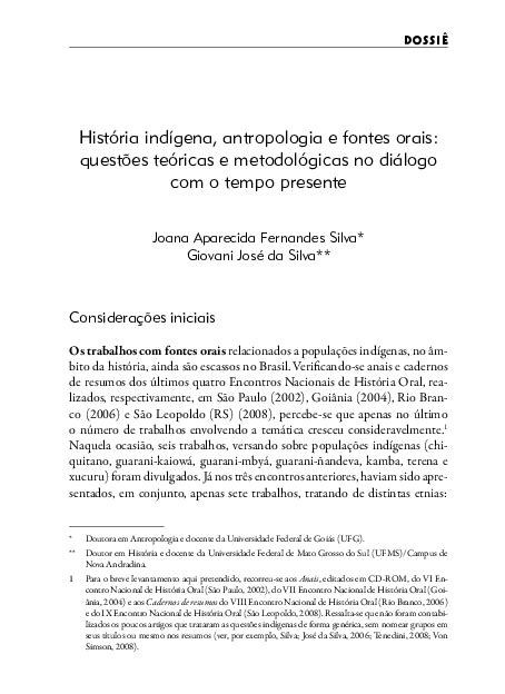 Pdf História Indí­gena Antropologia E Fontes Orais Questões