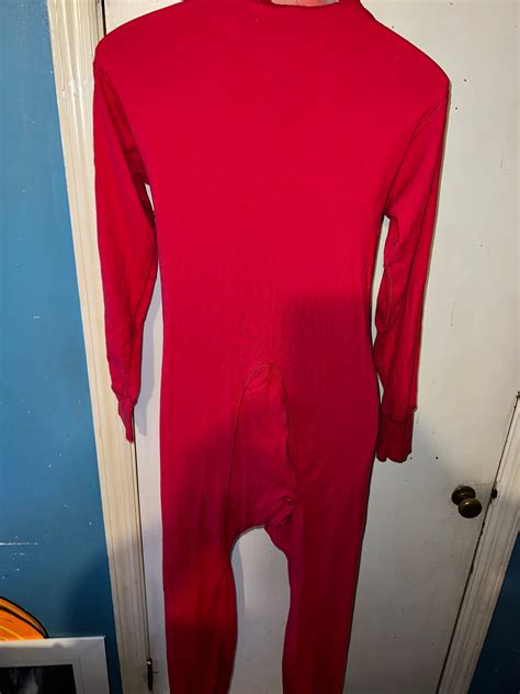 Vintage Red Union Suit With Rear Butt Flap. Thermal Onesie Long Johns