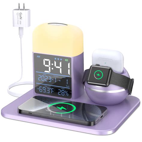 SHUNION Wireless Charging Station with Alarm Clock and Night Light,iPhone and Watch Charging