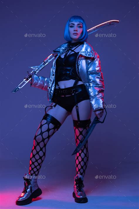 Cyberpunk Woman With Sword In Silver Jacket Stock Photo By Fxquadro