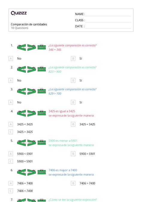 Cantidad De Comparaci N Hojas De Trabajo Para Grado En Quizizz