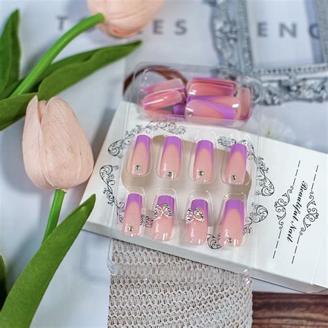 Uñas postizas largas a presión color morado nude kit de puntas francesas con diamantes de