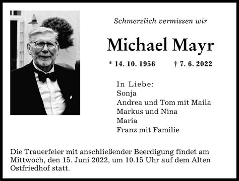 Traueranzeigen Von Michael Mayr Augsburger Allgemeine Zeitung