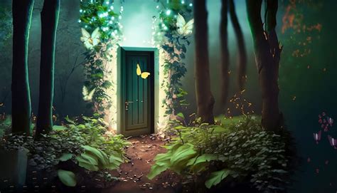 Una Puerta En Un Bosque Con Una Mariposa En La Puerta Foto Premium