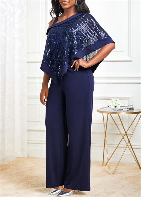 Sequin Navy Cold Shoulder Asymmetric Hem Jumpsuit Usd 39 98