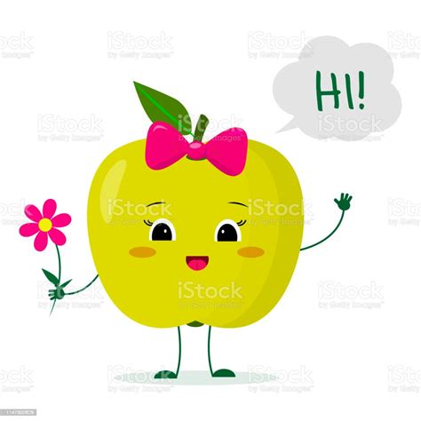 Kawaii Cute Green Apple Fruit Cartoon Character With A Pink Bow Holding A Flower And Welcomes