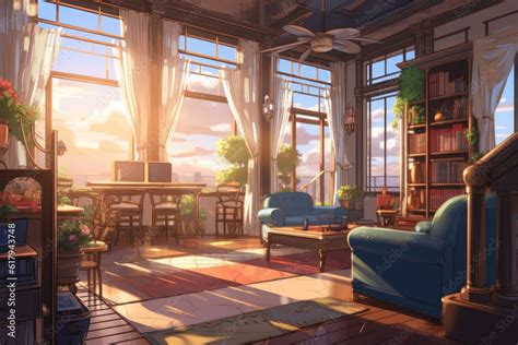 Living Room During Daytime Anime Style Background Stock Illustration