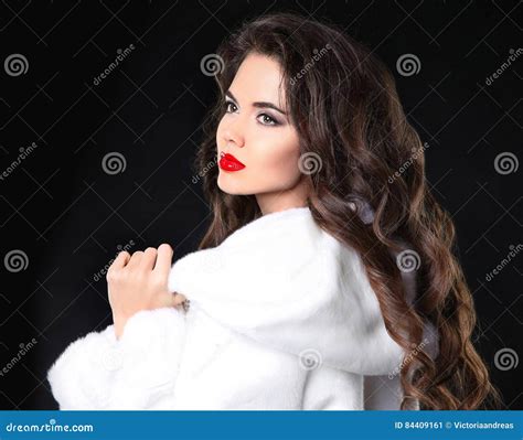 Fashion Portrait Of Beautiful Brunette Girl In White Fur Coat A Stock Image Image Of Beauty