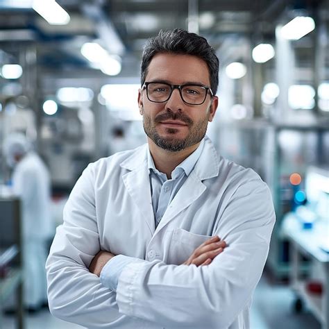 Portrait Of Confident Mature Male Scientist Standing With Arms Crossed In Factory Premium AI