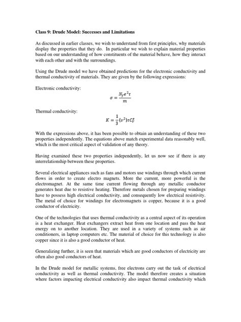 Drude Model Successes And Limitations Pdf Thermal Conductivity
