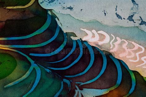 Rice Terraces Landscape With Mountains Fragment Hot Batik Handmade Art On Silk Stock Image
