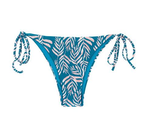Blue Side Tie Brazilian Bikini Bottom With Leaf Pattern Bottom Palms