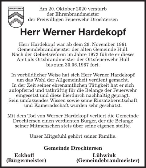 Werner Hardekopf Nachruf Stader Tageblatt