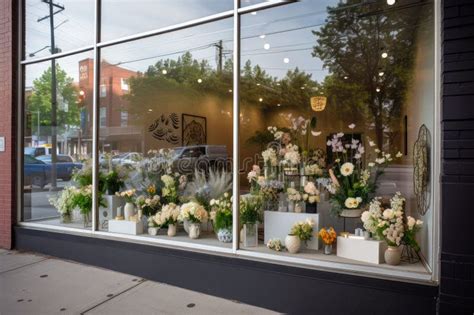 Stylish Modern Floral Boutique Window Display With Elegant Bouquets And