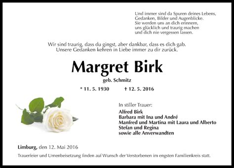 Traueranzeigen Von Margret Birk Rz Trauer De