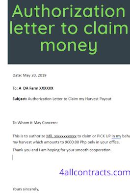 Sample authorization letter for claiming money | Sample contracts