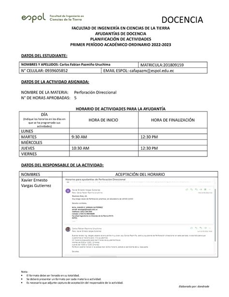 Formato Horarios Docencia Docencia Facultad De Ingenier A En Ciencias