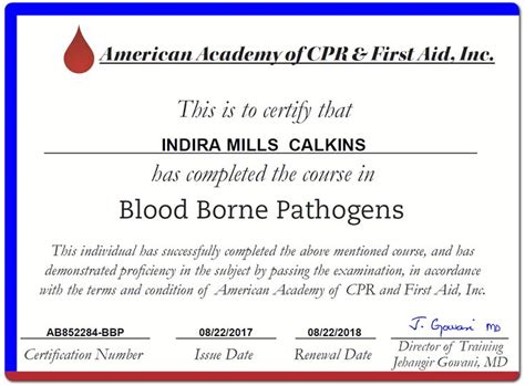 Bloodborne Pathogens Certificate Template Free Printable Safetyfirst