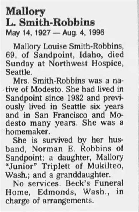Obituary For Mallory Louise Smith Robbins 1927 1996 Aged 69
