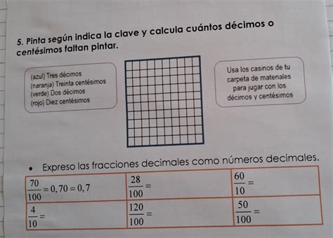 Pinta según indica la clave y calcula cuántos décimos o centésimos