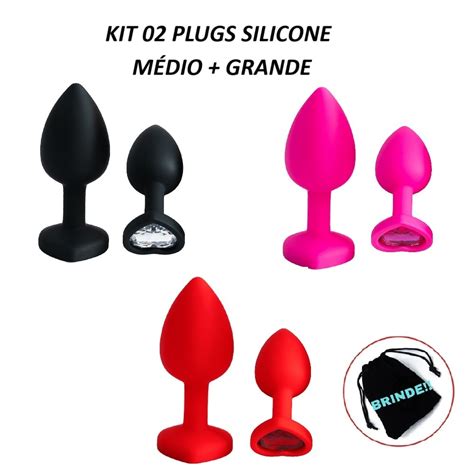 Kit Plug Anal de Silicone Aveludado Joia Coração na Base Tam M G