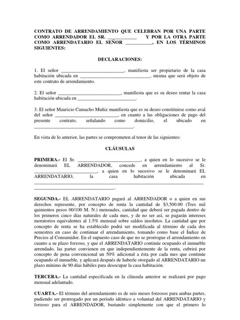 Formato De Contrato De Arrendamiento Alquiler Pagos