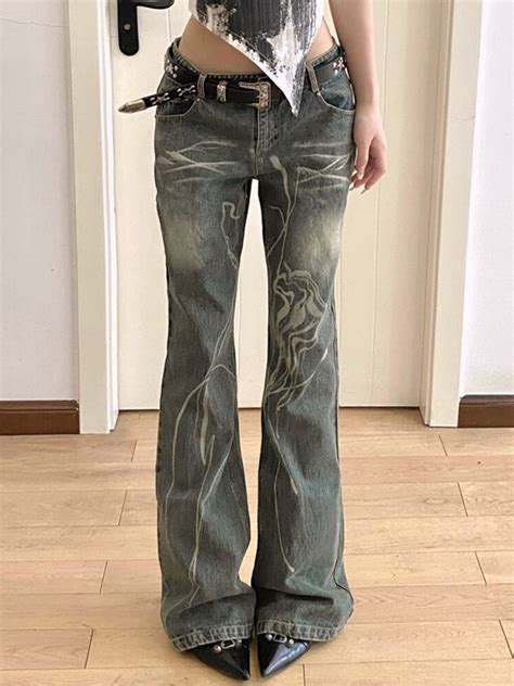 Emmiol Free Shipping Washed Irregular Print Low Waist Flare Jeans