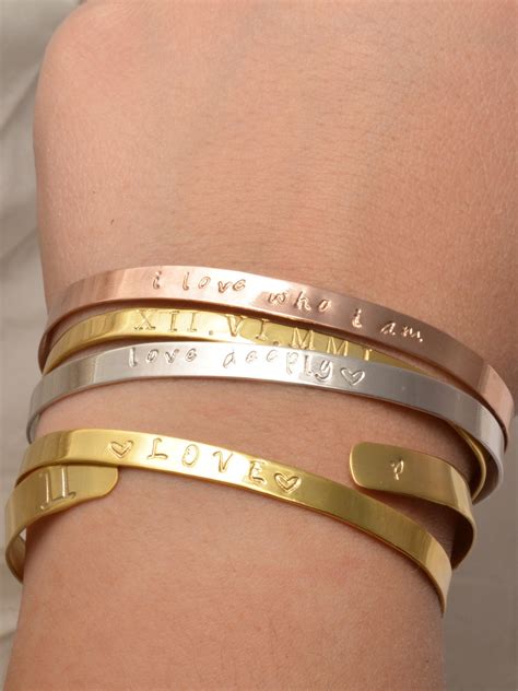 Personalized Cuff Bracelet Sterling Silver Thin Stamped Cuff Etsy