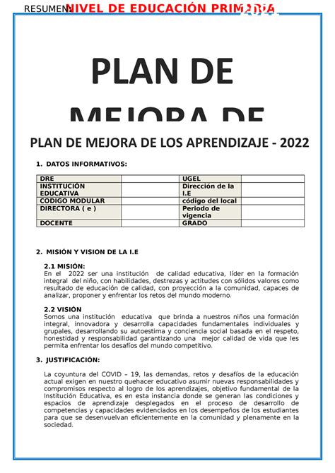 Plan Mejora Segundo Grado Datos Informativos Dre Ugel