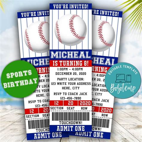 Editable Baseball Birthday Ticket Invitations Instant Download | Bobotemp