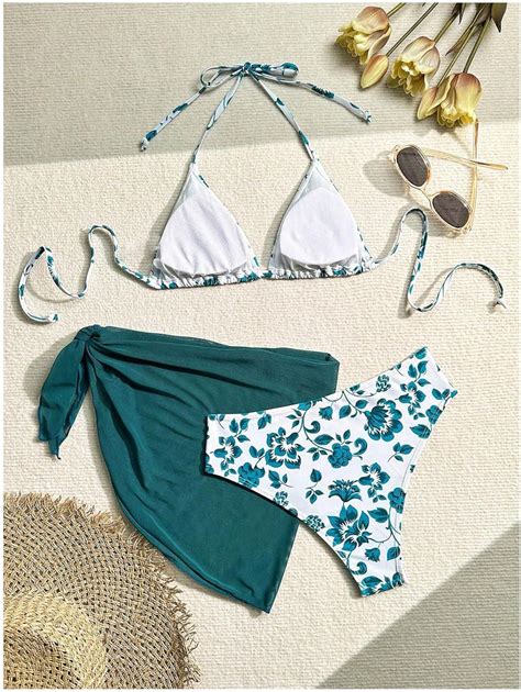Shenhe Womens Piece Floral Bikini Set With Wrap Coverup Halter Triangle Swimsuits Teal Blue